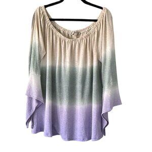 Seven7 Womens XL Ombre Knit Split Bell Sleeve Top On/Off Shoulder Green Lavender